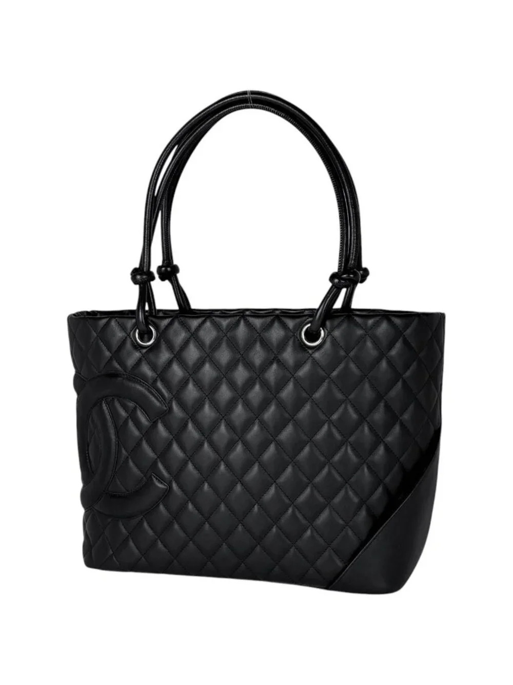 Chanel Cambon Line Large Tote CC Logo Shoulder Bag Leather Black
